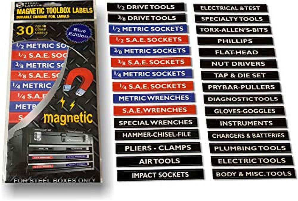 Magnetic Tool Box - Tool Chest Organizer Labels (Blue Edition) organize boxes drawers cabinetsQuick Easy fits all brands of Steel tool chest Craftsman Snap-on Mac