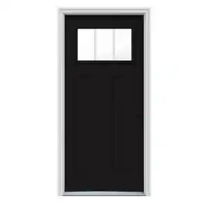 JELD-WEN 36 in. x 80 in. 3 Lite Craftsman Black Painted Steel Prehung Left-Hand Inswing Front Door w/Brickmould