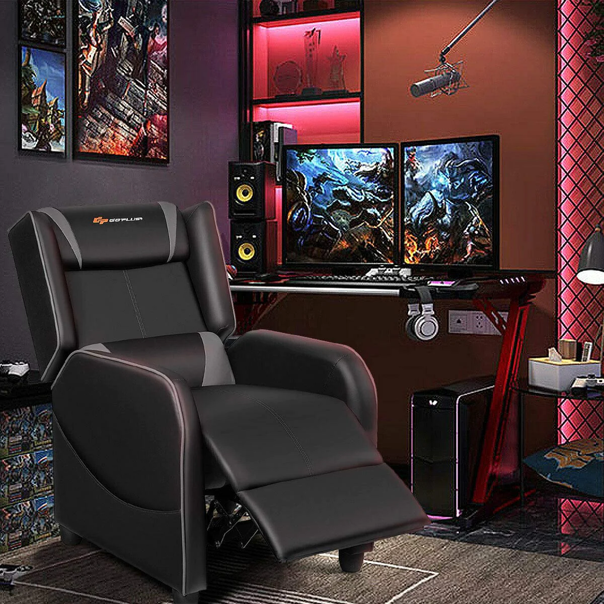Goplus Massage Gaming Recliner Chair, Racing Style PU Leather Single Recliner Sofa with Footrest