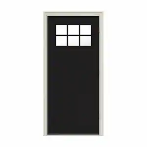 JELD-WEN 30 in. x 80 in. 6 Lite Craftsman Black w/ White Interior Steel Prehung Left-Hand Outswing Front Door w/Brickmould