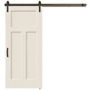 JELD-WEN 36 in. x 84 in. 3 Panel Craftsman Primed Smooth Molded Composite MDF Barn Door with Rustic Hardware Kit