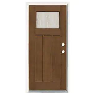 36 in. x 80 in. Medium Oak Left-Hand Inswing Water Wave Craftsman Stained Fiberglass Prehung Front Door