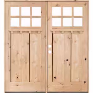 Krosswood Doors 72 in. x 80 in. Craftsman Knotty Alder 6-Lite Clear Unfinished Wood/Dentil Shelf Right Active Double Prehung Front Door