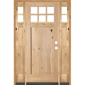 Krosswood Doors 64 in. x 96 in. Craftsman Alder 1 Panel 6-Lite Clear Low-E w/DS Unfinished Wood Left-Hand Prehung Front Door/Sidelites