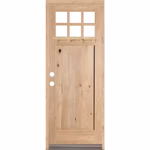 Krosswood Doors 36 in. x 96 in. Craftsman Alder 1 Panel 6-Lite Clear Low-E /Dentil Shelf Right-Hand Unfinished Wood Prehung Front Door