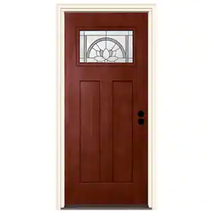 JELD-WEN 36 in. x 80 in. Left-Hand 1-Lite Craftsman Ardsley Black Cherry Stained Fiberglass Prehung Front Door with Brickmould