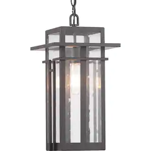 Progress Lighting Boxwood Collection 1-Light Antique Bronze Clear Seeded Glass Craftsman Outdoor Hanging Lantern Light