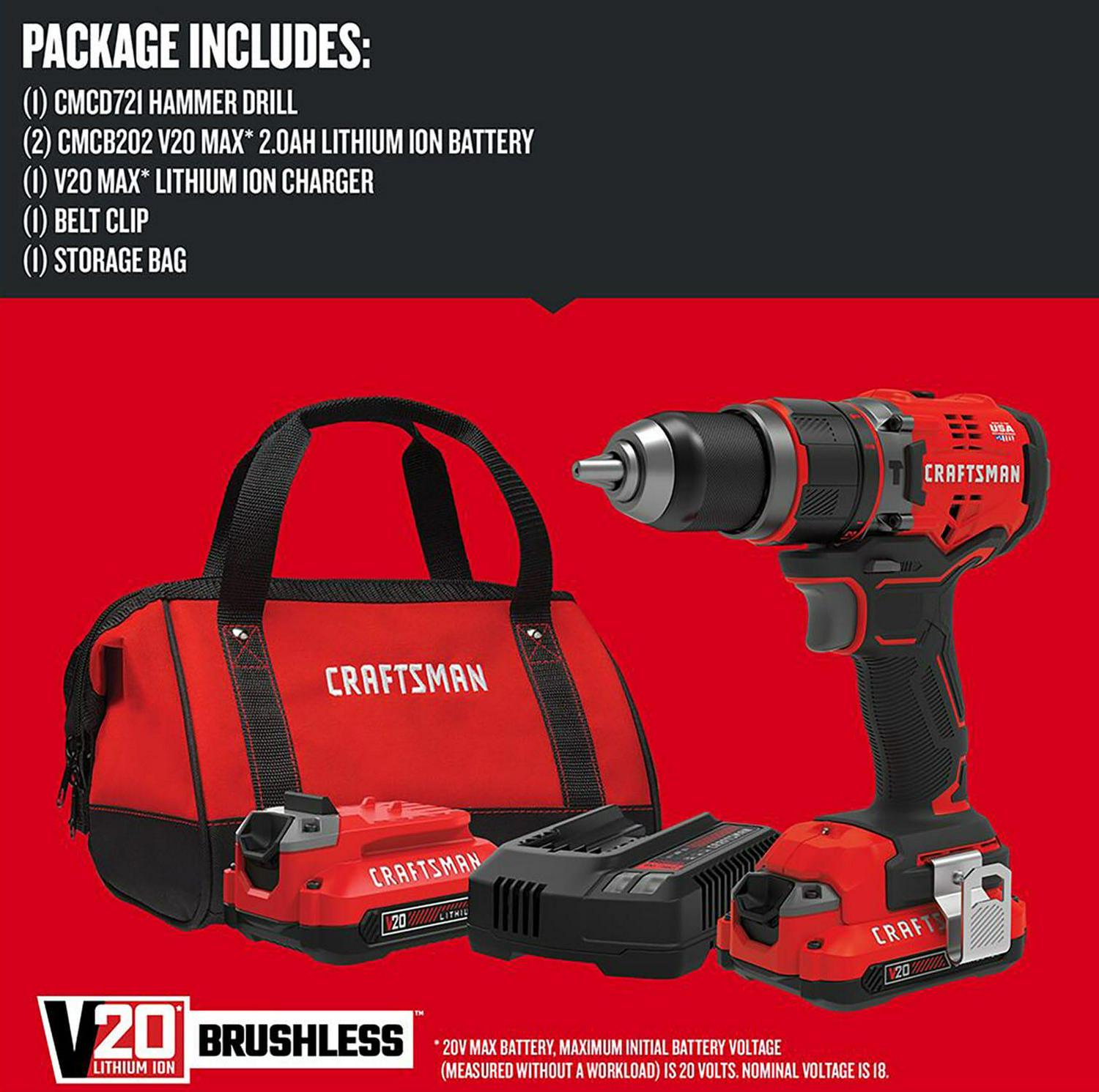 CRAFTSMAN V20 1/2-in 20-volt Max Variable Speed Brushless Cordless Hammer Drill (2-Batteries Included)