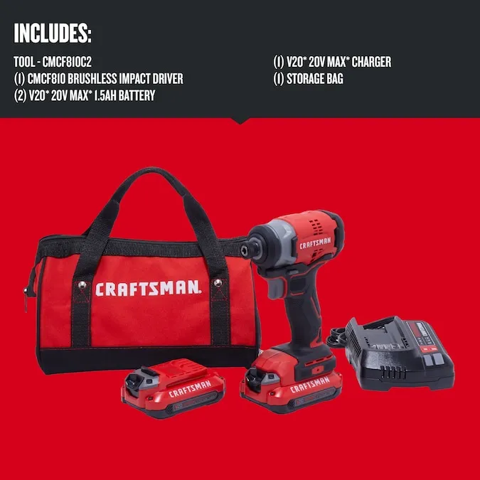 CRAFTSMAN V20 20-volt Max Brushless Cordless Impact Driver (2-Batteries Included, Charger Included and Soft Bag included)