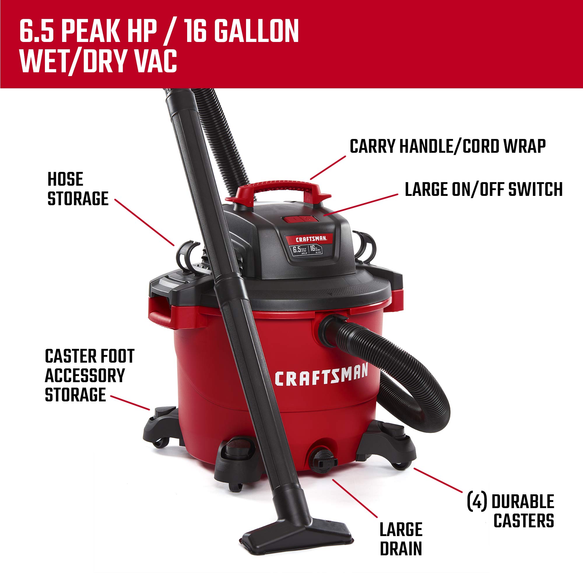 CRAFTSMAN CMXEVBE17595 16 Gallon 6.5 Peak HP Wet/Dry Vac, Heavy-Duty Shop Vacuum with Attachments, Red