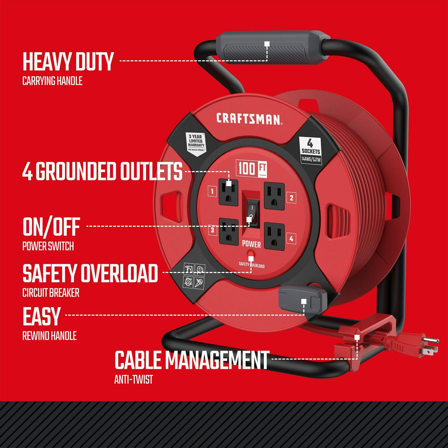 CRAFTSMAN Heavy Duty Retractable Extension Cord, 100 Ft with 4 Outlets- 14awg Sjtw Cable- Outdoor Power Cord Reel