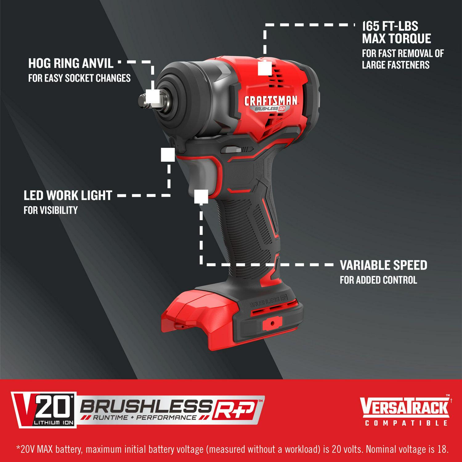 CRAFTSMAN V20 RP 20-volt Max Variable Speed Brushless 3/8-in Drive Cordless Impact Wrench (Bare Tool)