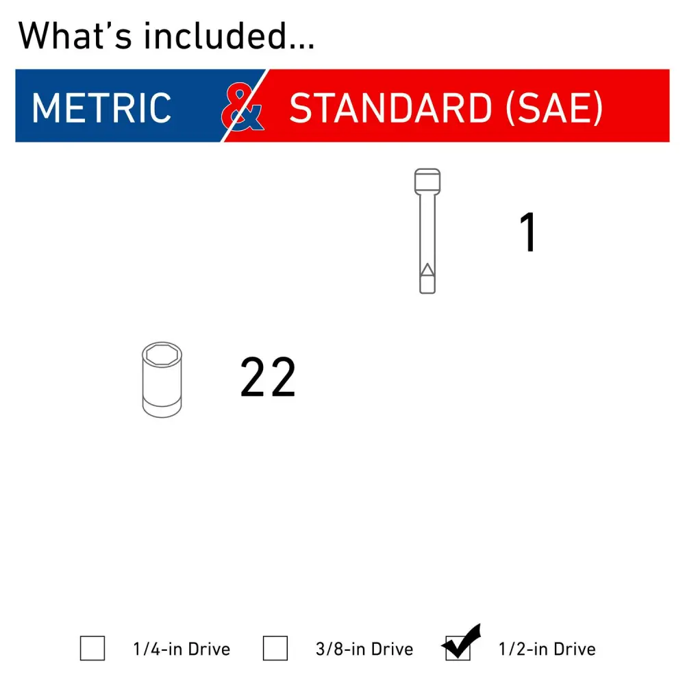 CRAFTSMAN 23-Piece Standard (SAE) and Metric Combination 1/2-in Drive Set 6-Point Impact Socket Set