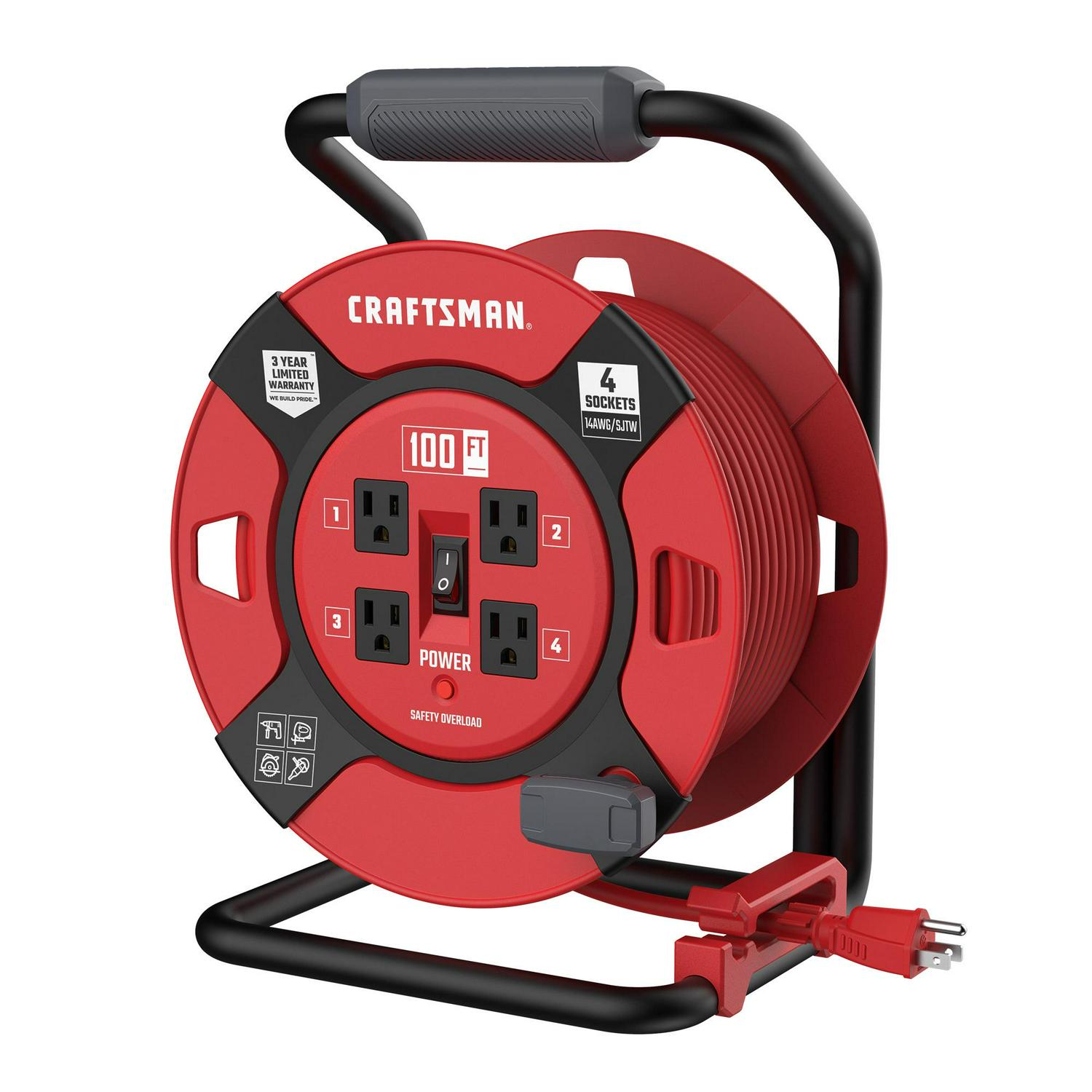 CRAFTSMAN Heavy Duty Retractable Extension Cord, 100 Ft with 4 Outlets- 14awg Sjtw Cable- Outdoor Power Cord Reel