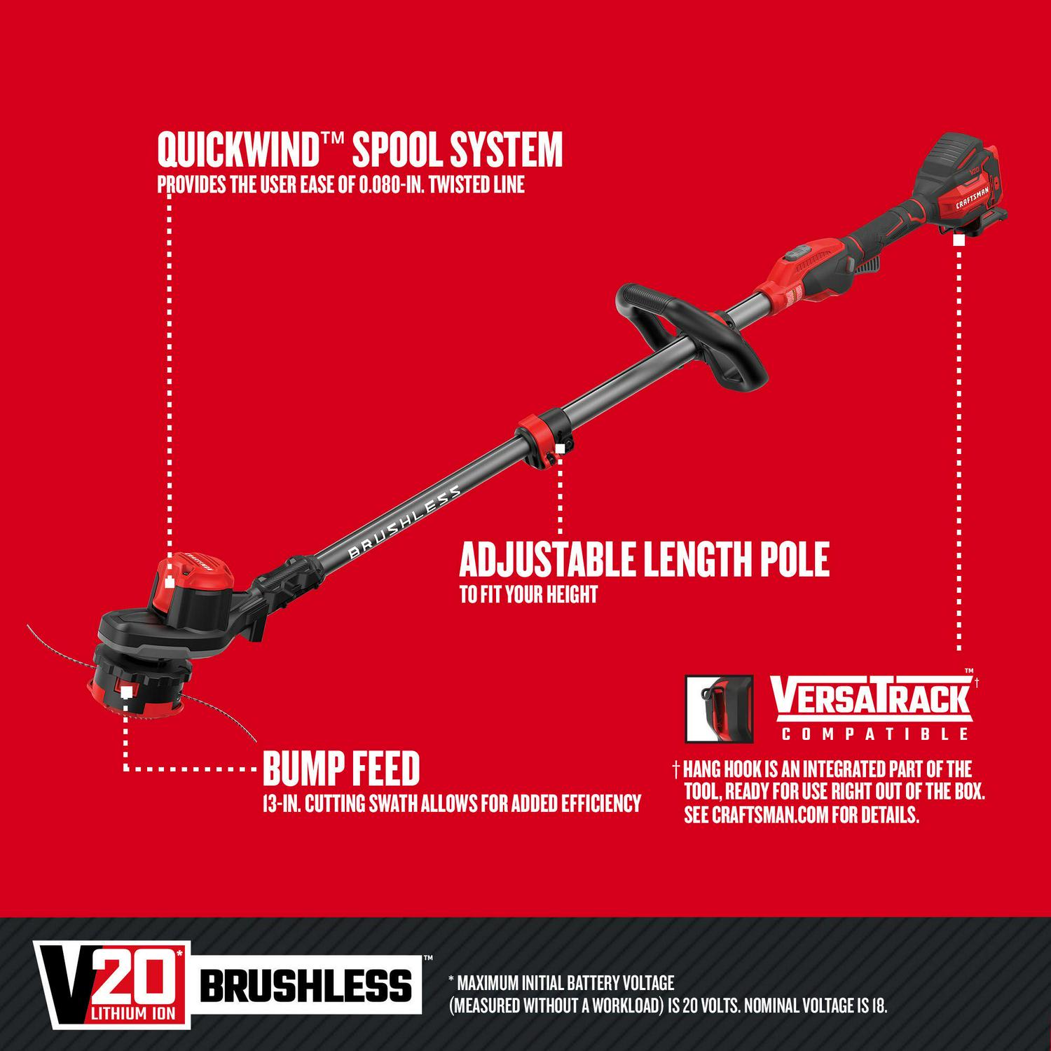 CRAFTSMAN V20 20-volt Max 13-in Straight Shaft Attachment Capable Battery String Trimmer (Battery and Charger Not Included)