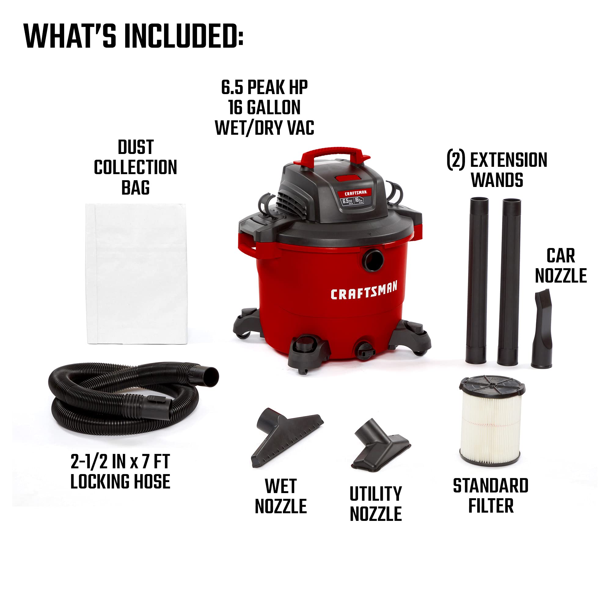 CRAFTSMAN CMXEVBE17595 16 Gallon 6.5 Peak HP Wet/Dry Vac, Heavy-Duty Shop Vacuum with Attachments, Red