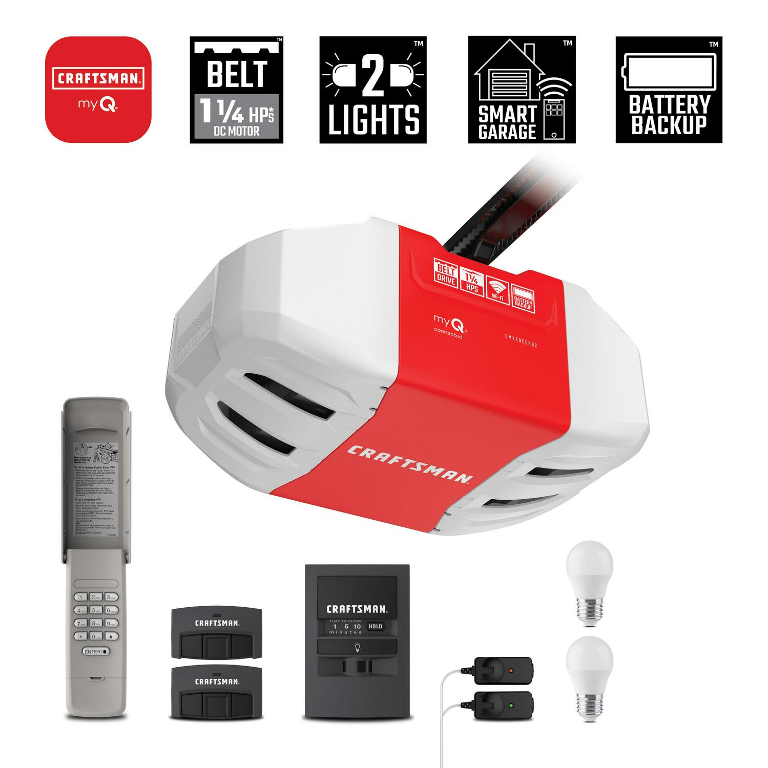 CRAFTSMAN 1-1/4 Hps myQ Smart Belt Drive Garage Door Opener Wi-fi Compatibility Battery Back-up