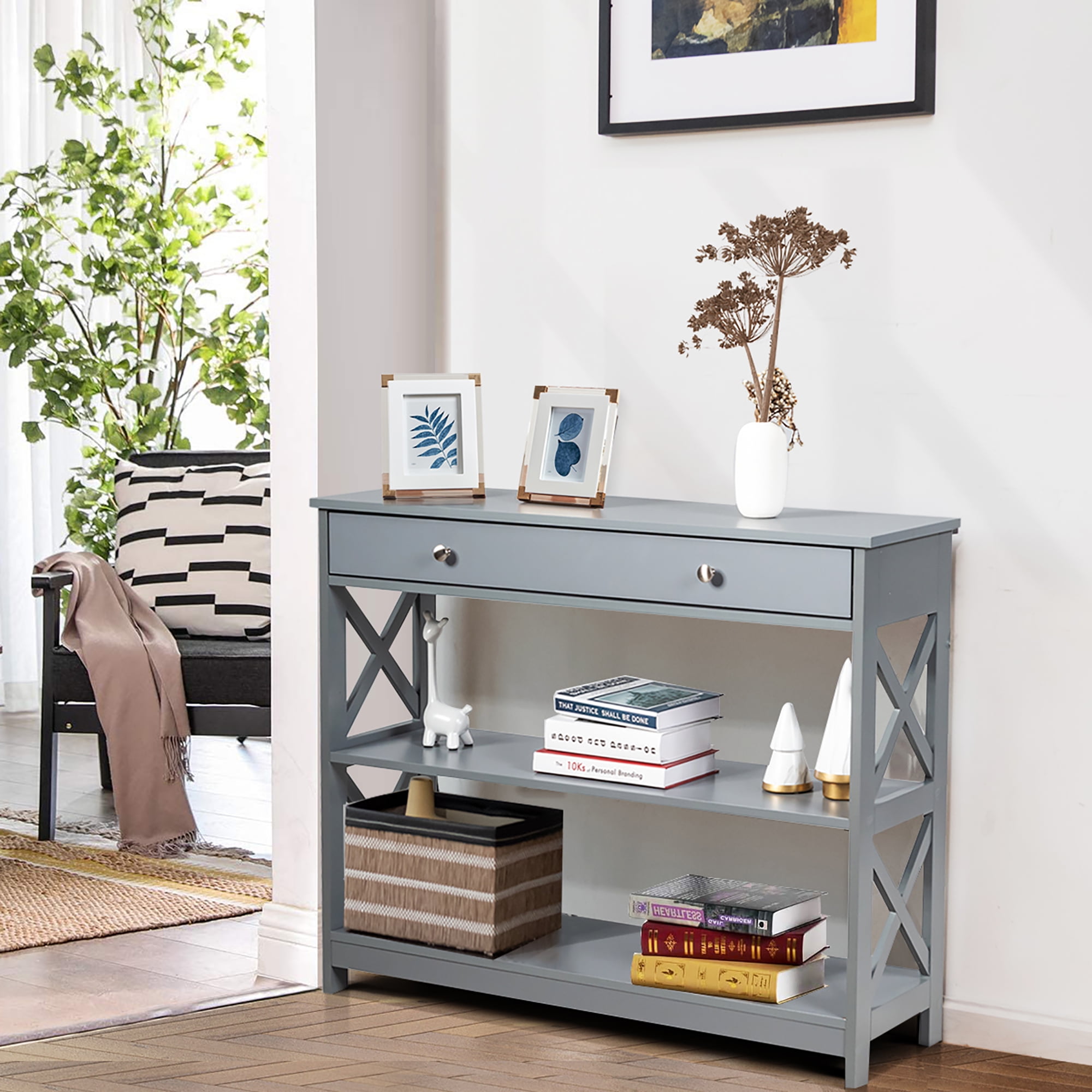 Costway 3-Tier Console Table X-Design Sofa Entryway Table with Drawer   Shelves Gray