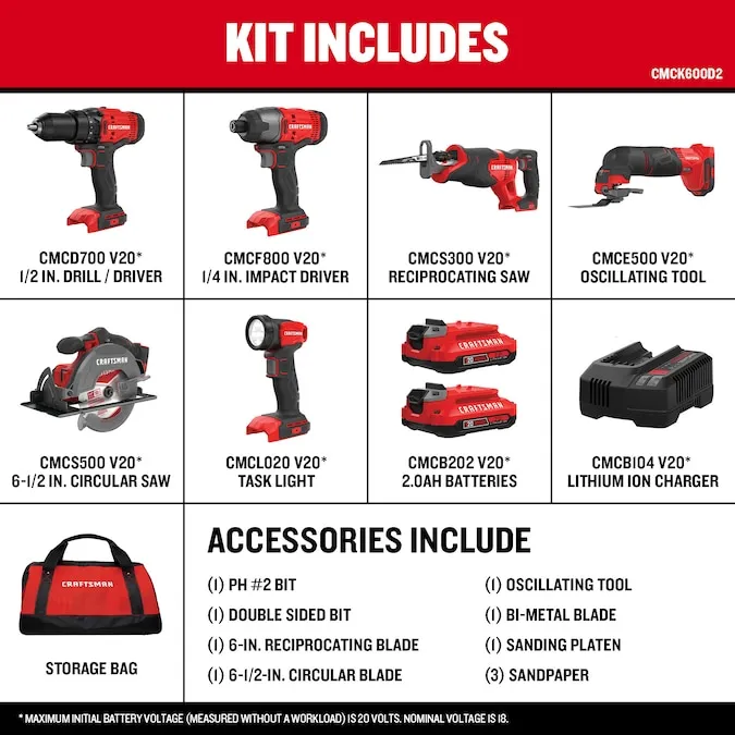 CRAFTSMAN V20 6-Tool Power Tool Combo Kit with Soft Case (2-Batteries Included and Charger Included)