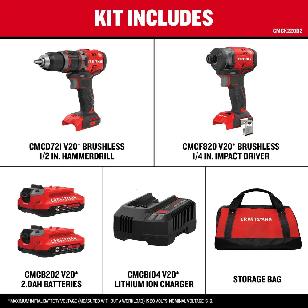 CRAFTSMAN V20 2-Tool Brushless Power Tool Combo Kit with Soft Case (2-Batteries Included and Charger Included)