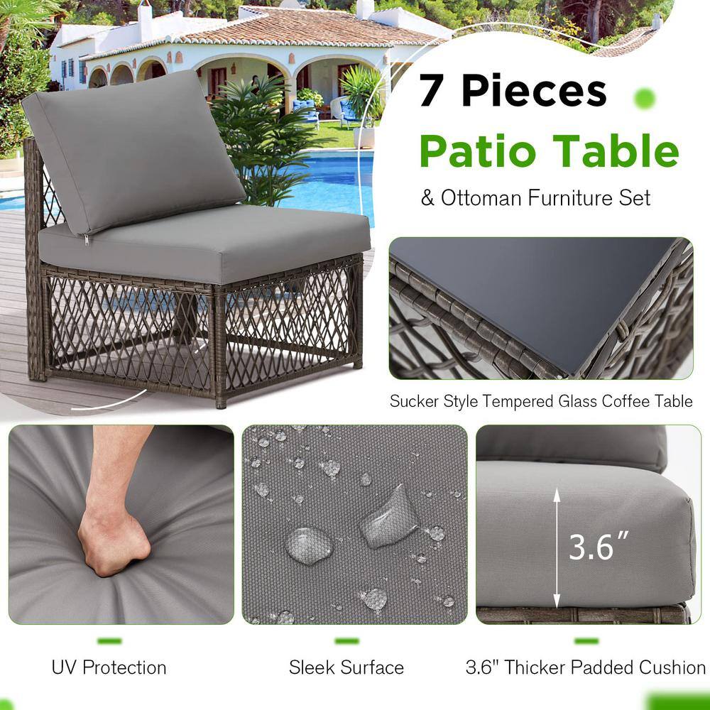 AECOJOY Gray 7-Pieces Patio PE Rattan Wicker Sofa Set Outdoor Sectional Conversation Furniture Set with Gray Cushions
