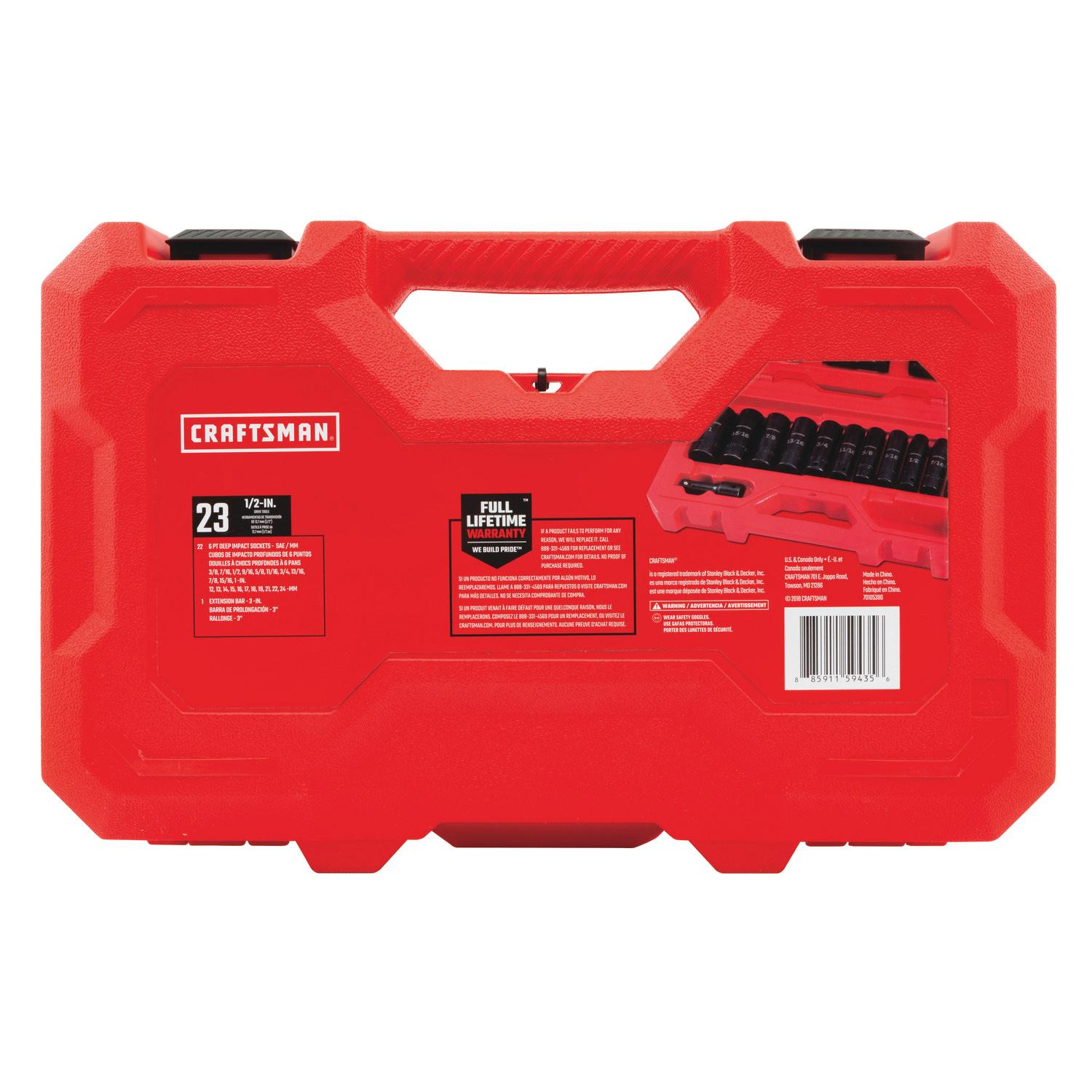 CRAFTSMAN 23-Piece Standard (SAE) and Metric Combination 1/2-in Drive Set 6-Point Impact Socket Set