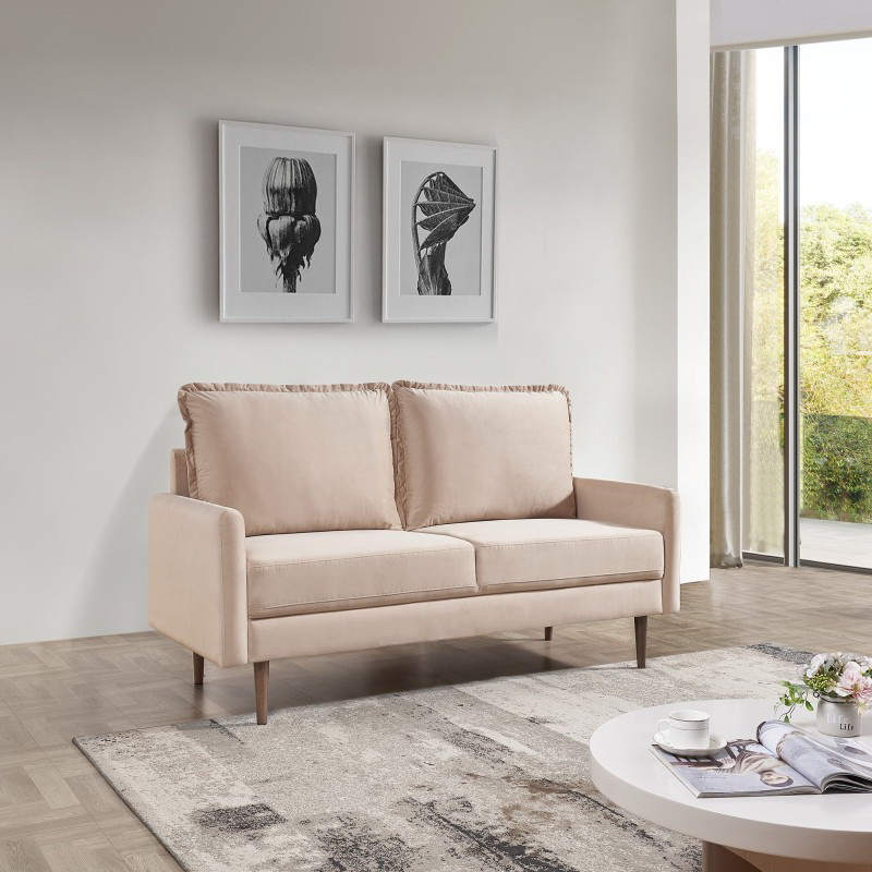 57.1 inches Upholstered Velvet Sofa Couch, Modern Craftsmanship Seat with 3-Seater Cushions & Track Square Armrest - Beige