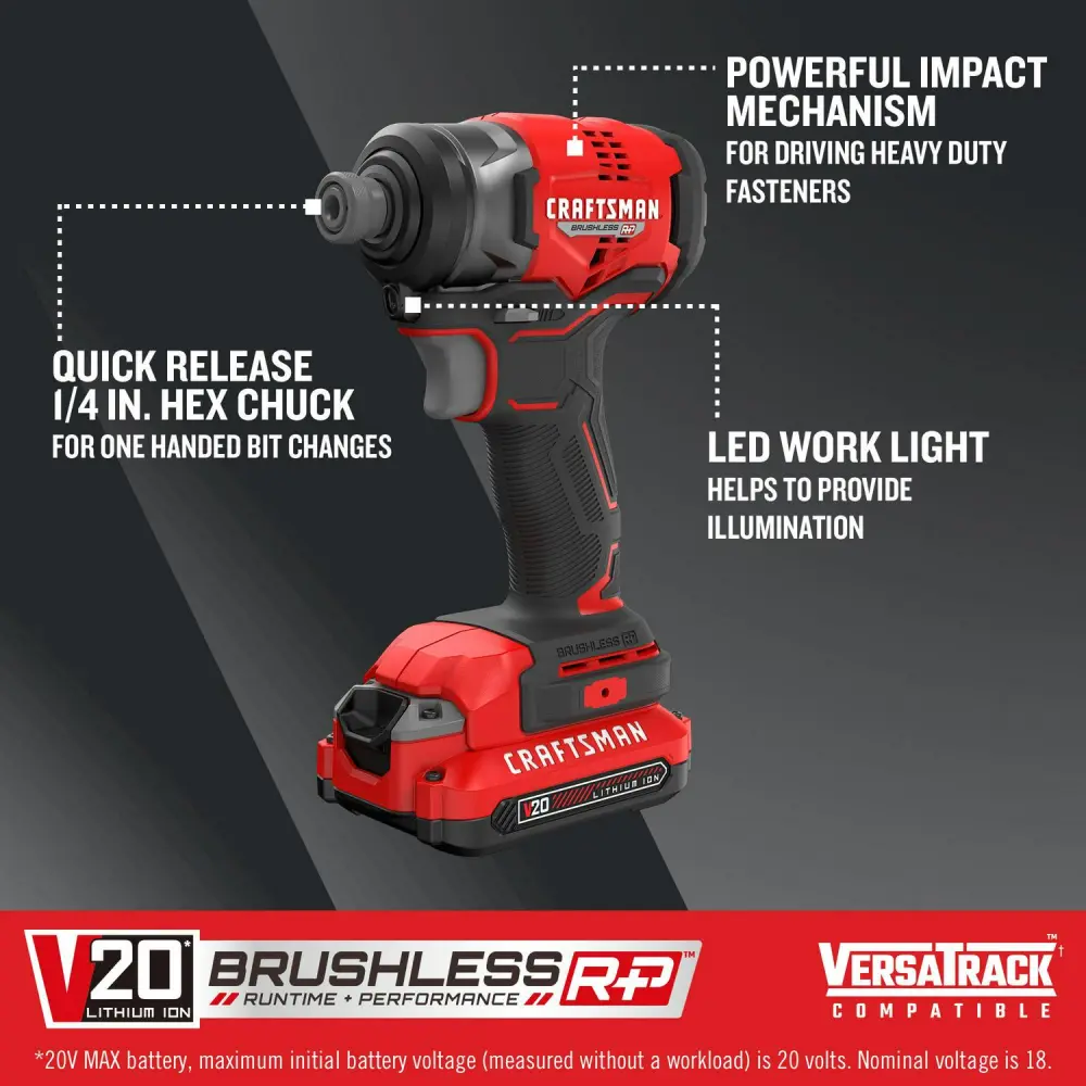 CRAFTSMAN V20 RP 20-volt Max Brushless Cordless Impact Driver (2-Batteries Included, Charger Included and Soft Bag included)