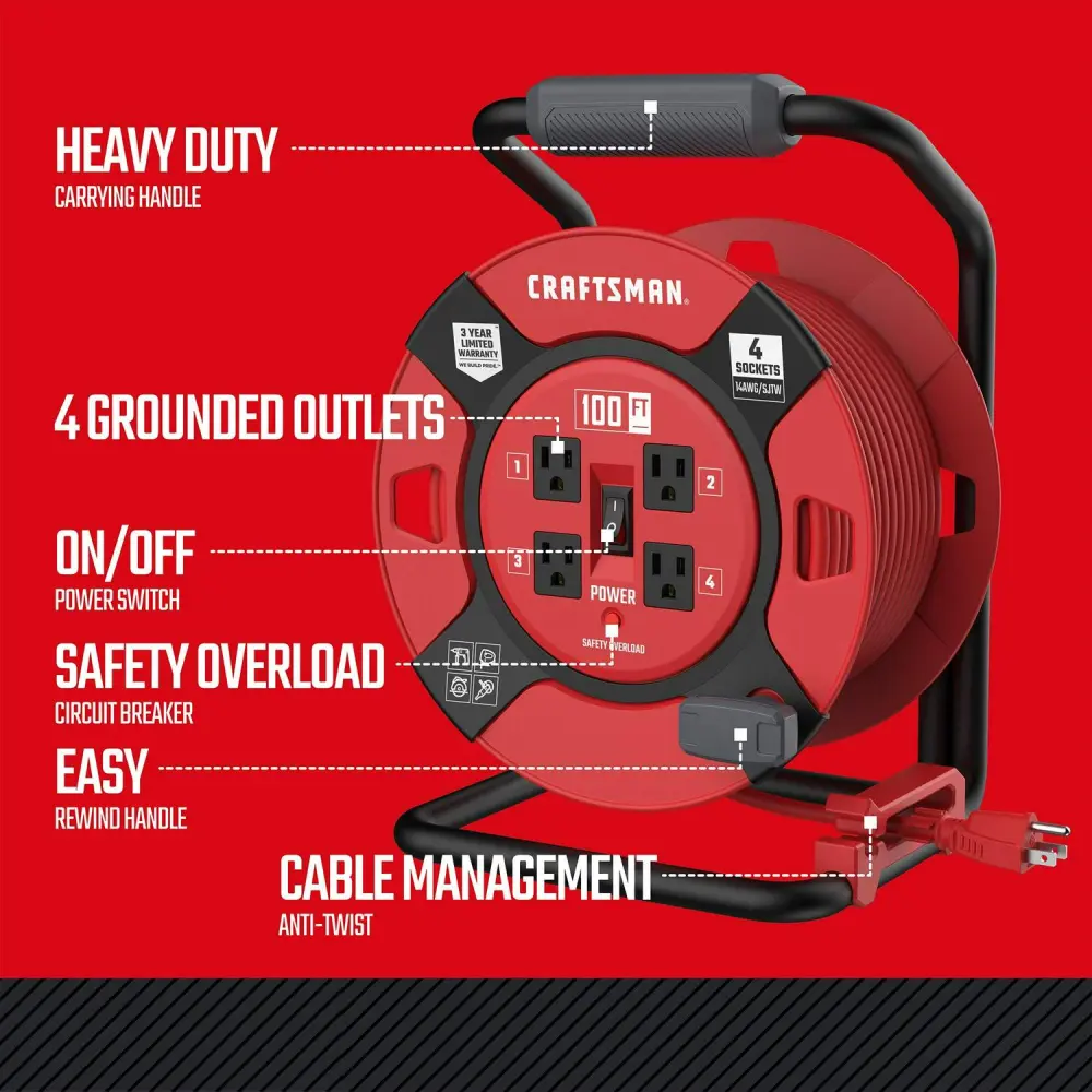 CRAFTSMAN Heavy Duty Retractable Extension Cord, 100 Ft with 4 Outlets- 14awg Sjtw Cable- Outdoor Power Cord Reel
