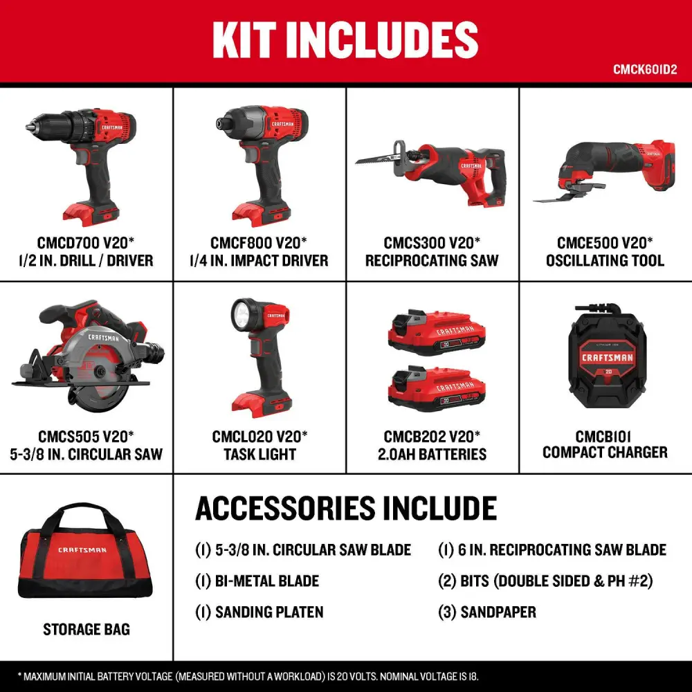 CRAFTSMAN 6-Tool Power Tool Combo Kit with Soft Case (2-Batteries Included and Charger Included)