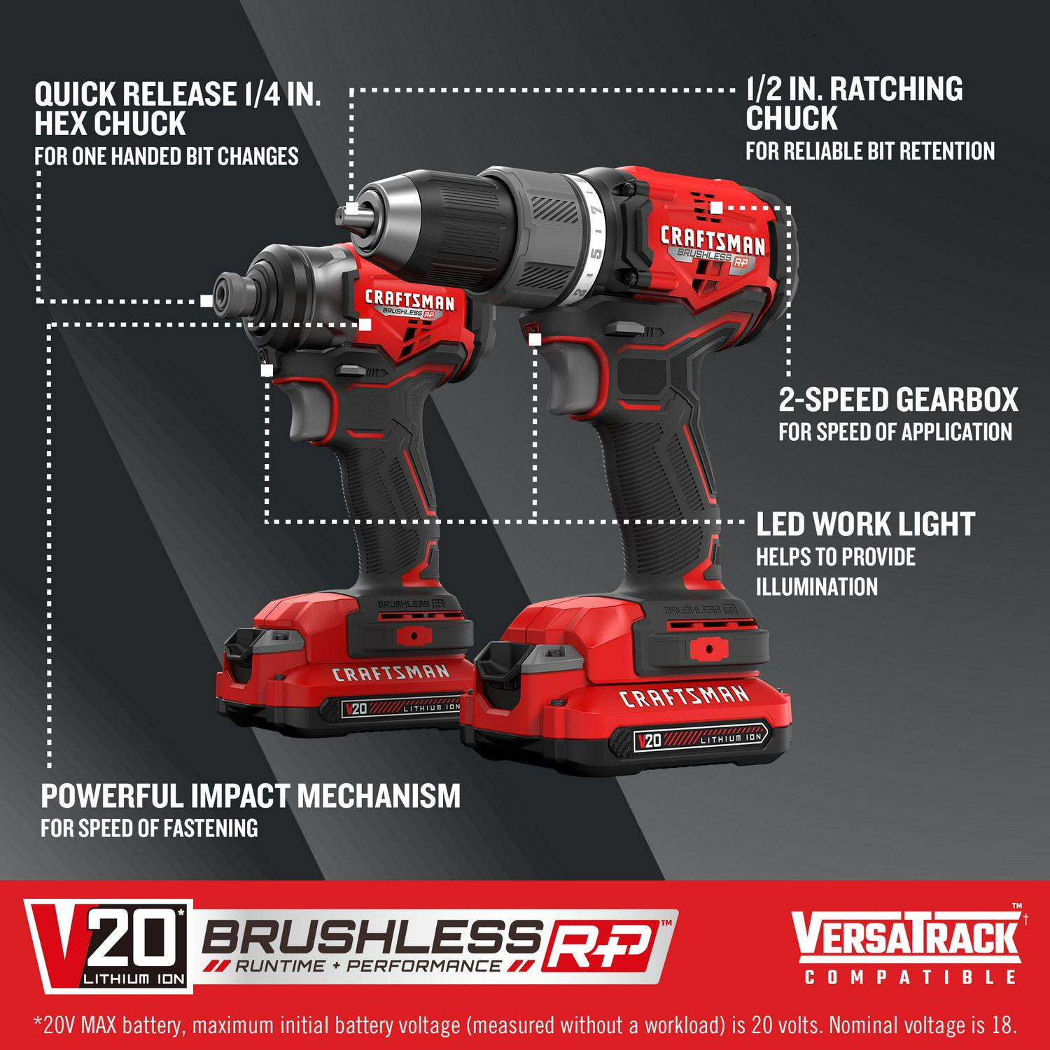 CRAFTSMAN V20 RP 2-Tool Brushless Power Tool Combo Kit with Soft Case (2-Batteries Included and Charger Included)