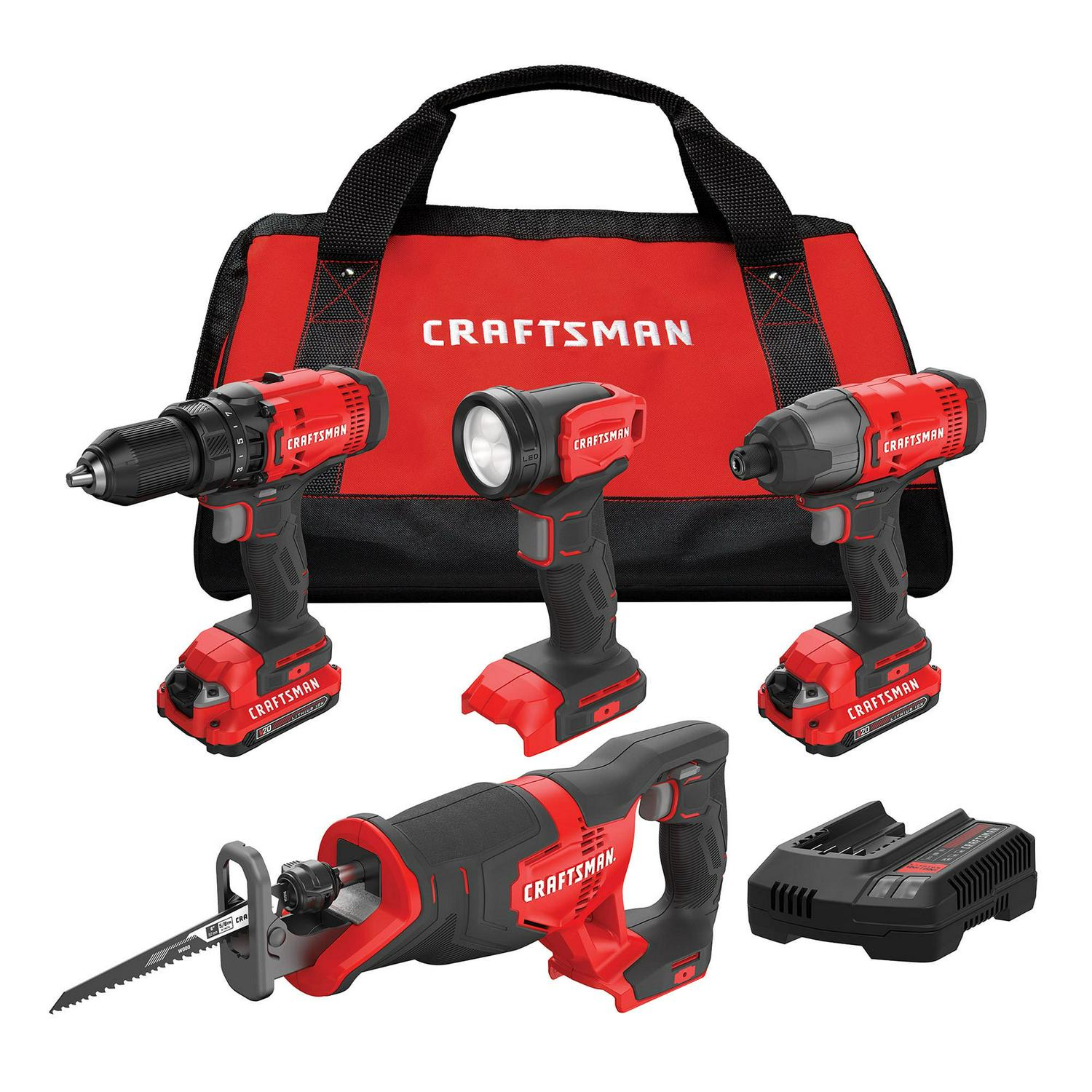 CRAFTSMAN V20 4-Tool Power Tool Combo Kit with Soft Case (2-Batteries Included and Charger Included)