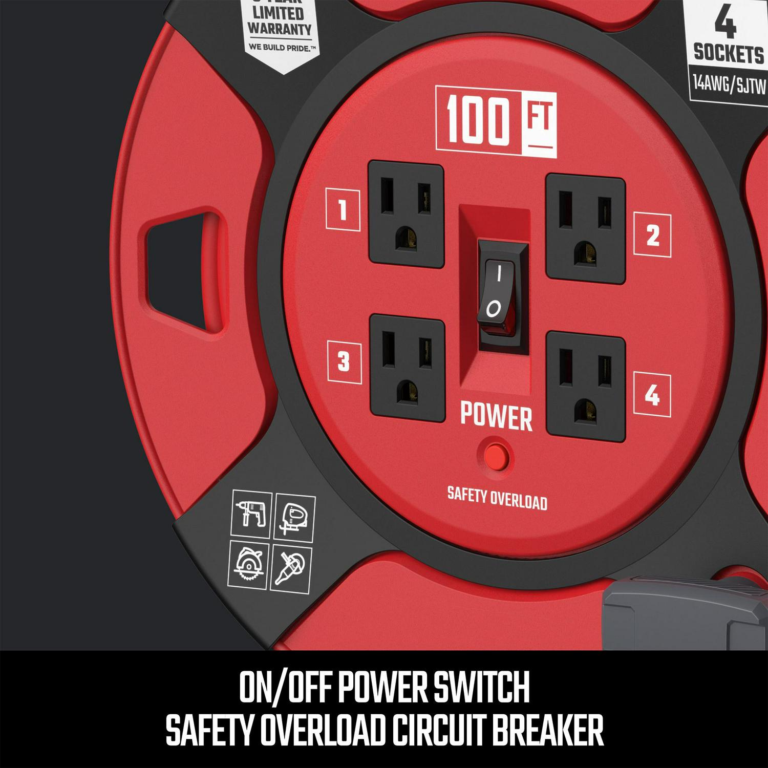 CRAFTSMAN Heavy Duty Retractable Extension Cord, 100 Ft with 4 Outlets- 14awg Sjtw Cable- Outdoor Power Cord Reel