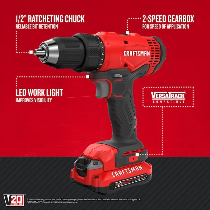 CRAFTSMAN V20 20-volt Max 1/2-in Keyless Cordless Drill (2-Batteries Included, Charger Included)