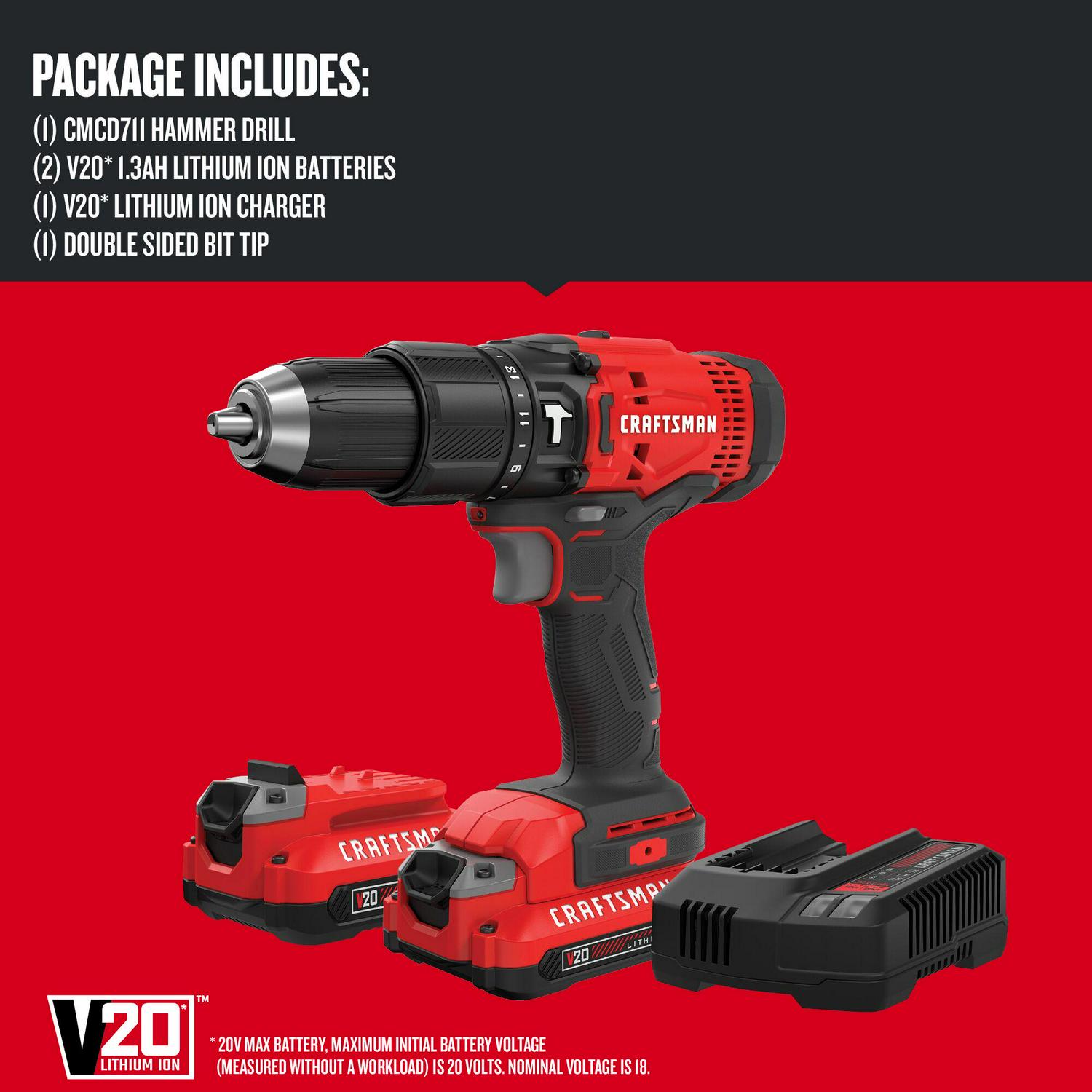 CRAFTSMAN 1/2-in 20-volt Max Variable Speed Cordless Hammer Drill (2-Batteries Included)