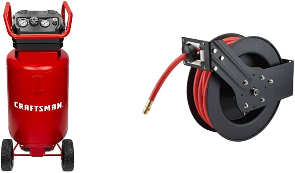 CRAFTSMAN Air Compressor, 20 Gallon, 1.8 HP, Oil-Free Air Tools, Red & MaxWorks 80720 50ft Auto Rewind Retractable Reel with 3/8