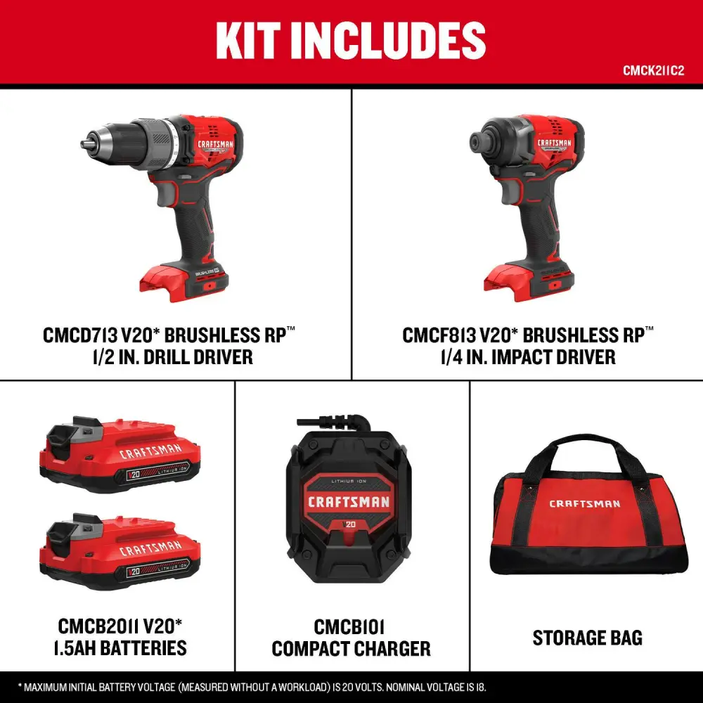 CRAFTSMAN V20 RP 2-Tool Brushless Power Tool Combo Kit with Soft Case (2-Batteries Included and Charger Included)