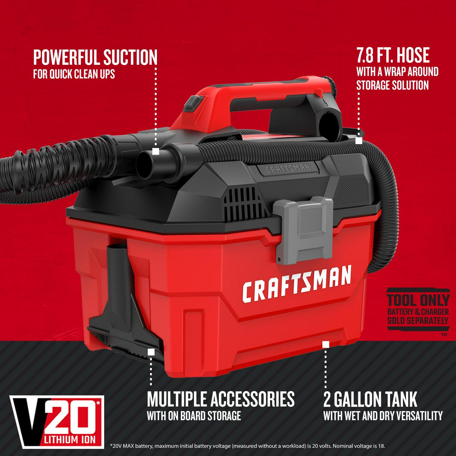 CRAFTSMAN V20 35-CFM 20-volt Max 2-Gallons Cordless Wet/Dry Shop Vacuum with Accessories Included (Bare Tool)