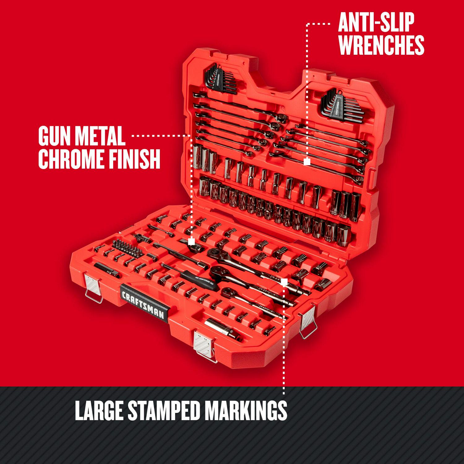 CRAFTSMAN 121-Piece Standard (SAE) and Metric Combination Gunmetal Chrome Mechanics Tool Set with Hard Case