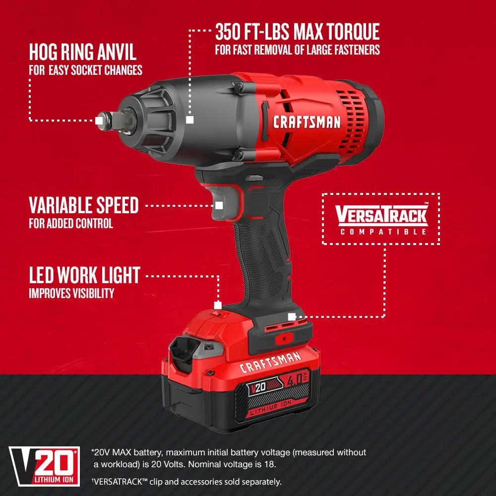 CRAFTSMAN V20 20-volt Max Variable Speed 1/2-in Drive Cordless Impact Wrench (Battery Included)