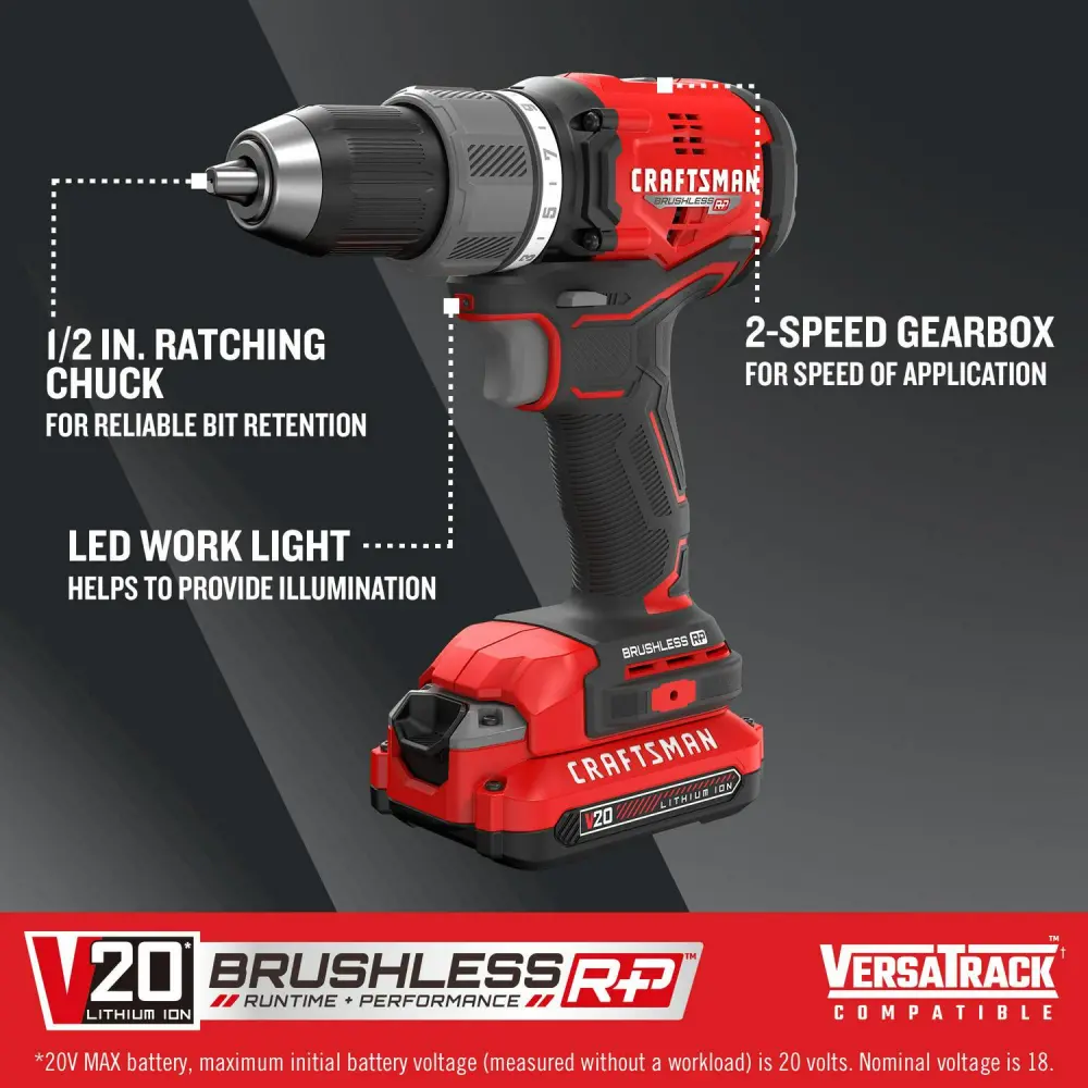CRAFTSMAN V20 RP 20-volt Max 1/2-in Keyless Brushless Cordless Drill (2-Batteries Included, Charger Included and Soft Bag included)