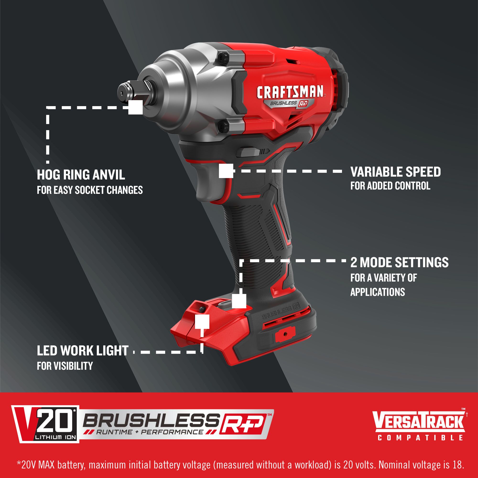 CRAFTSMAN 20-volt Max Variable Speed Brushless 1/2-in Drive Cordless Impact Wrench (Bare Tool)