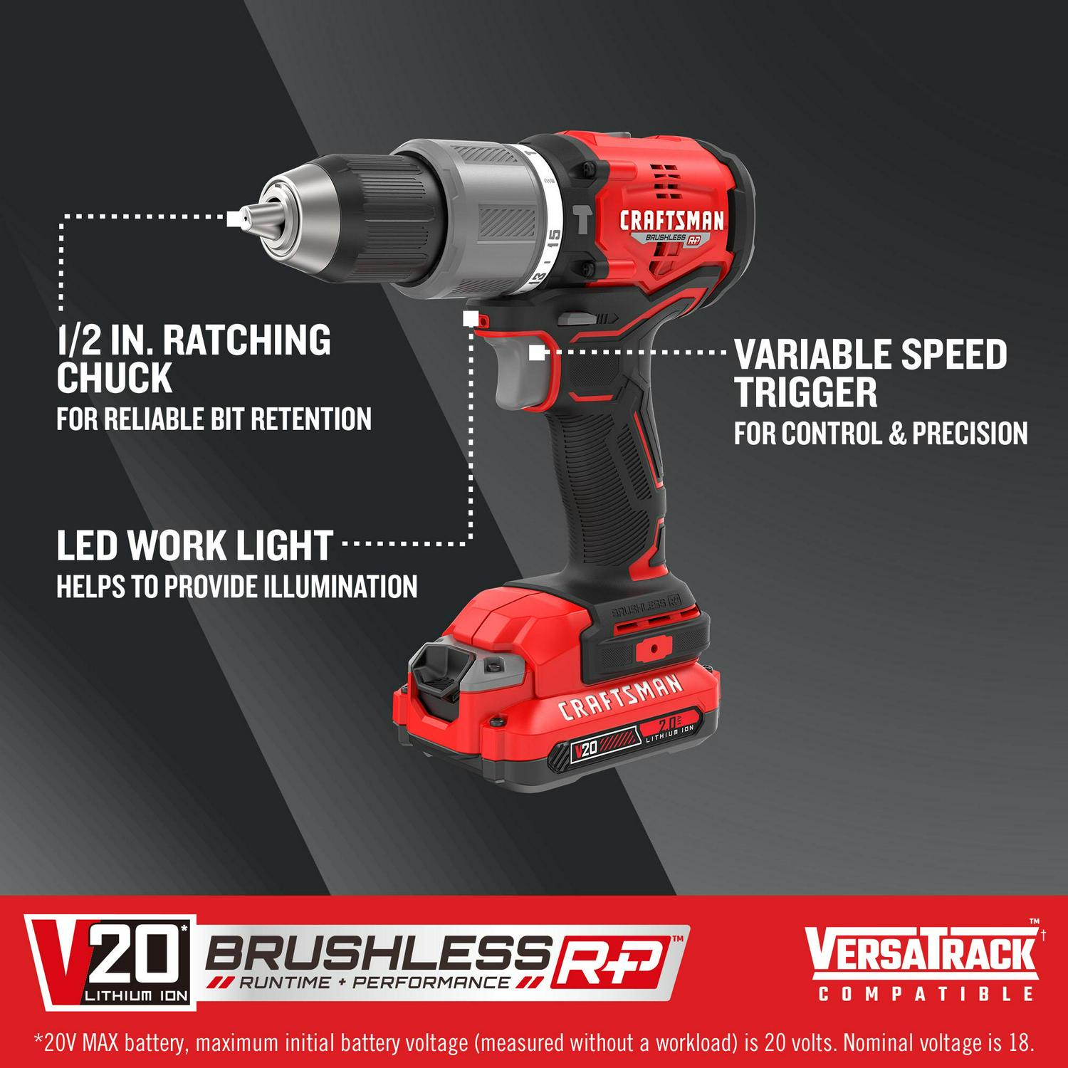 CRAFTSMAN V20 RP 1/2-in 20-volt Max Variable Speed Brushless Hybrid Cordless and Corded Hammer Drill (2-Batteries Included)