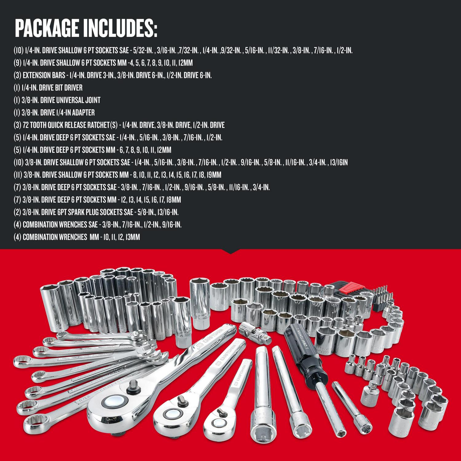 CRAFTSMAN 135-Piece Standard (SAE) and Metric Polished Chrome Mechanics Tool Set with Hard Case