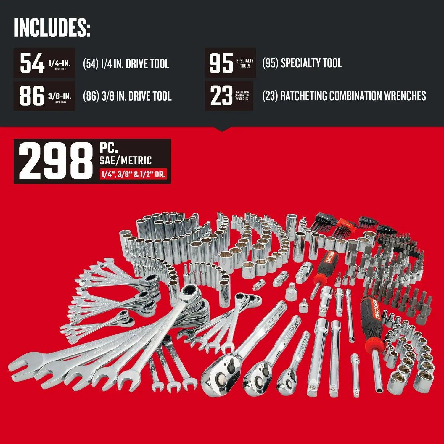 CRAFTSMAN 298-Piece Standard (SAE) and Metric Combination Polished Chrome Mechanics Tool Set