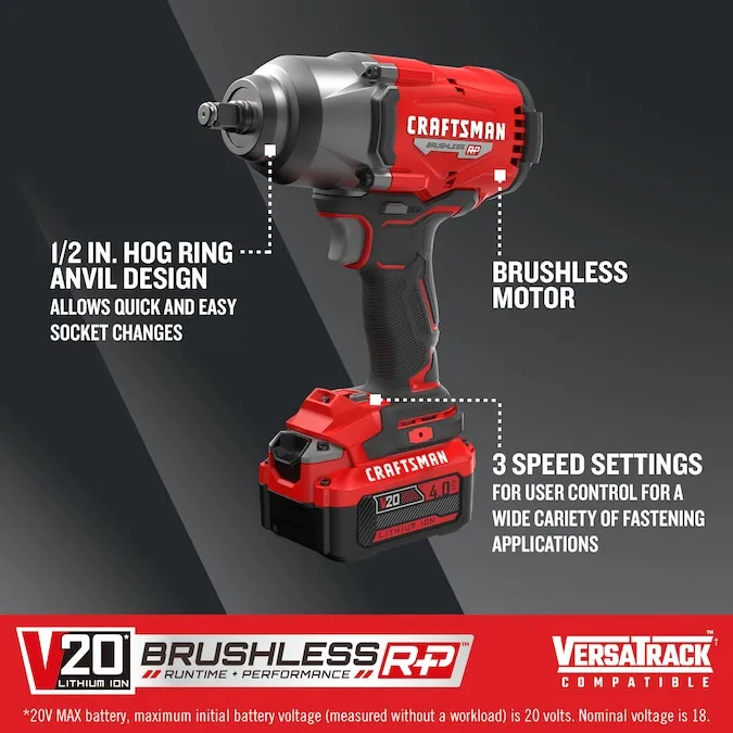 CRAFTSMAN V20 BRUSHLESS RP 20-volt Max Variable Speed Brushless 1/2-in Drive Cordless Impact Wrench (Battery Included)
