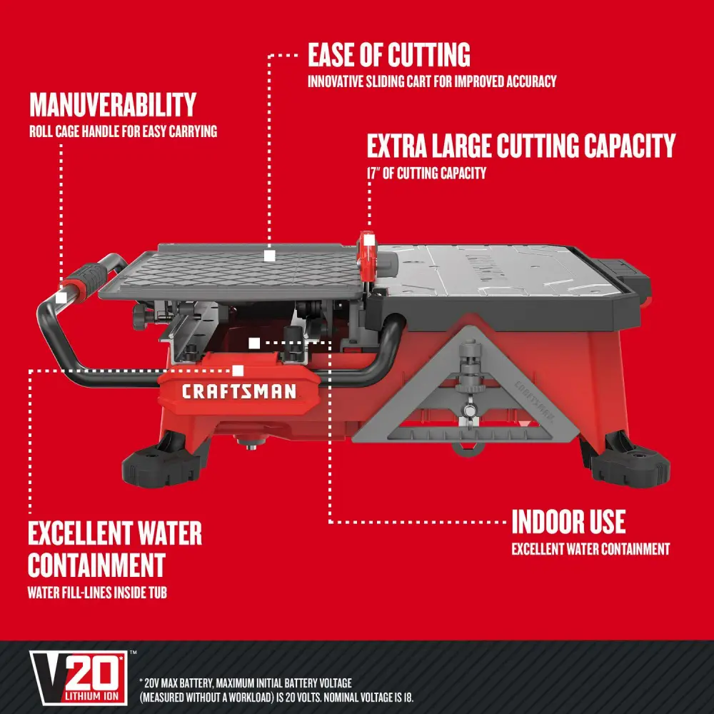 CRAFTSMAN V20 30-Amp 7-in-Blade Cordless Tabletop Sliding Table Tile Saw (Battery Included)