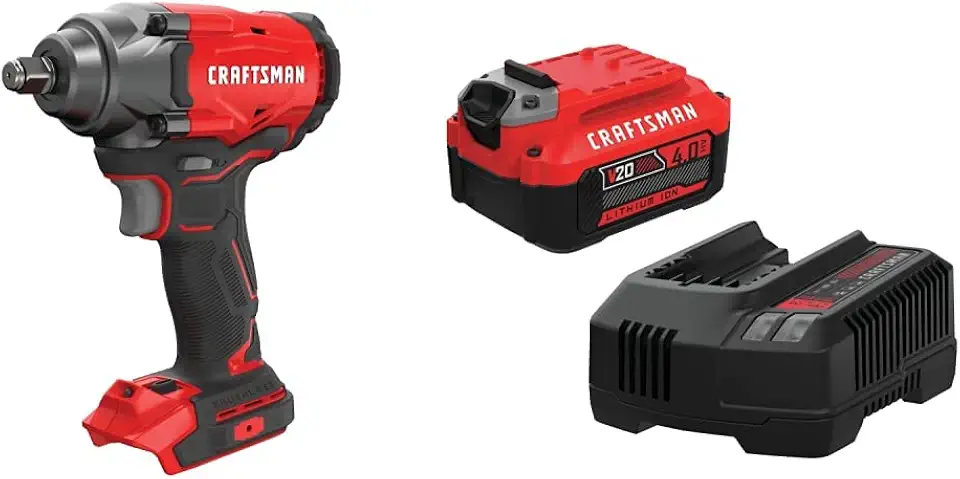 Craftsman V20 Impact Wrench, Cordless, Brushless, 1/2-Inch, Tool-Only w/ V20 Battery, Power Tool Kit, Charger Included, 4.0-Ah (CMCF920B & CMCB204-CK)