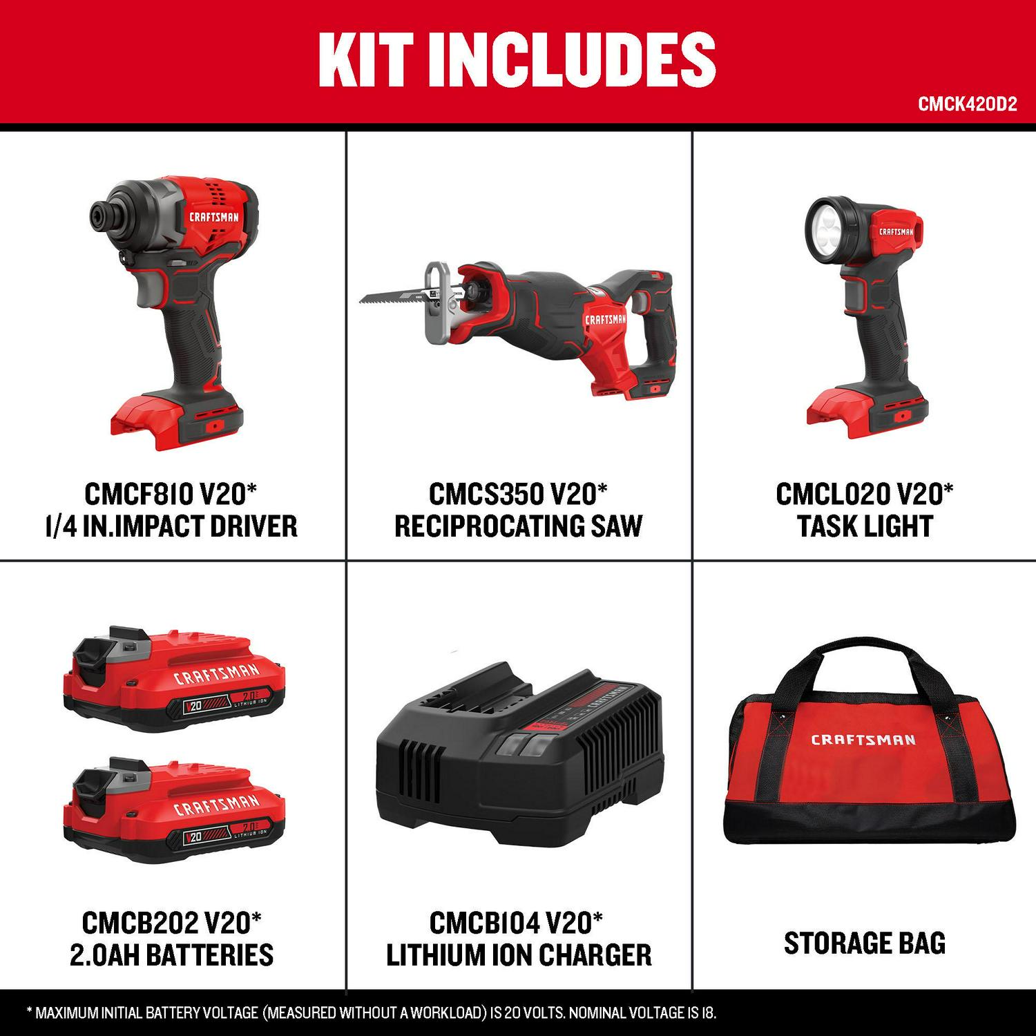 CRAFTSMAN 4-Tool Brushless Power Tool Combo Kit with Soft Case (2-Batteries Included and Charger Included)