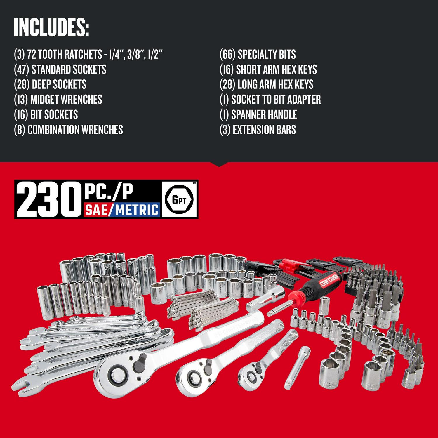 CRAFTSMAN 230-Piece Standard (SAE) and Metric Polished Chrome Mechanics Tool Set with Hard Case